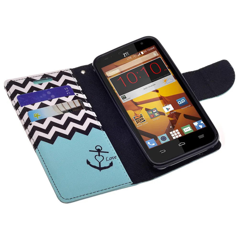 ZTE Speed Case | Maven | Atrium | Scend | Overture 2 | Fanfare Wrist Strap Magnetic Fold[Kickstand] Pu Leather Wallet Case with ID & Credit Card Slots for ZTE Speed - Teal Anchor