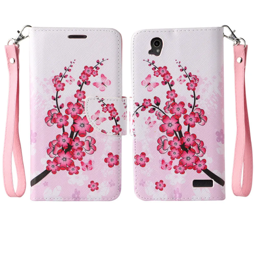 ZTE Warp Elite | ZTE N9158 Case, Wrist Strap Magnetic Flip Fold[Kickstand] Pu Leather Wallet Case with ID & Card Slots - Cherry Blossom