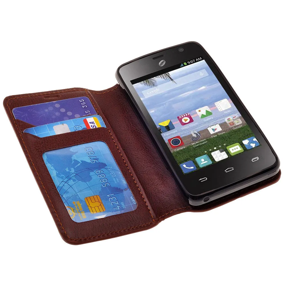 ZTE Zephyr Case, Wrist Strap Magnetic Fold[Kickstand] Pu Leather Wallet Case with ID & Credit Card Slots - Brown